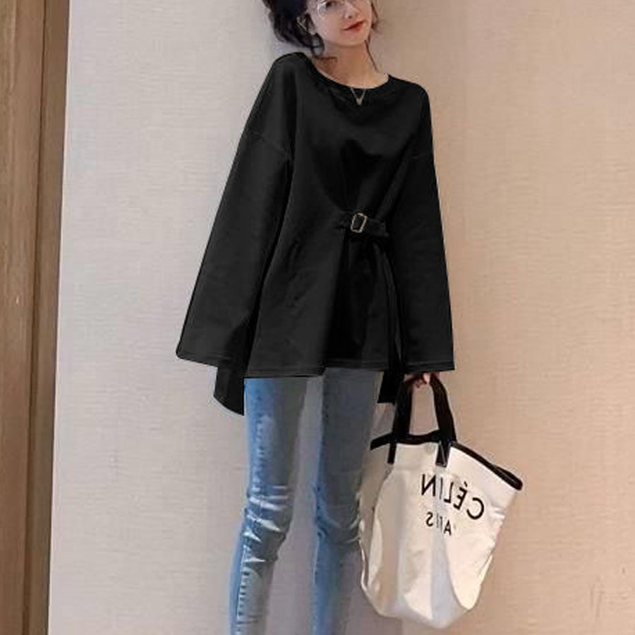 Tシャツ レディース 長袖 無地 カットソー 薄手 ベルトデザイン ラウンドネック シンプル ゆったり 体型カバー(メール便送料無料)