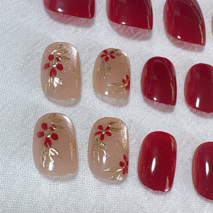 【sample】オーダーネイルチップ 推し活 付け爪 つけ爪 赤 キラキラ 薔薇 ネイルチップ はな ショート きらきら ワインレッド ゴールドつけ爪