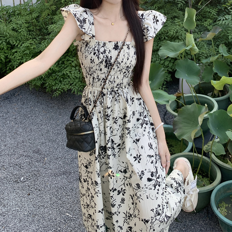 胸元 シャーリング ワンピース 花柄 全2色 肩フリル