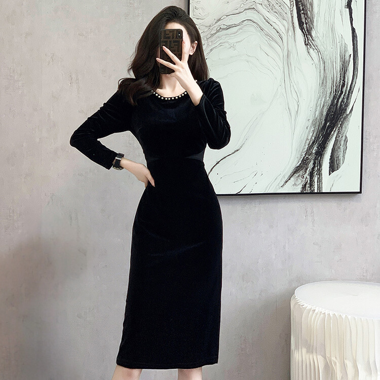 ベロアワンピ パールネック タイトワンピ 無地 パーティードレス 長袖