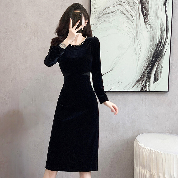 ベロアワンピ パールネック タイトワンピ 無地 パーティードレス 長袖