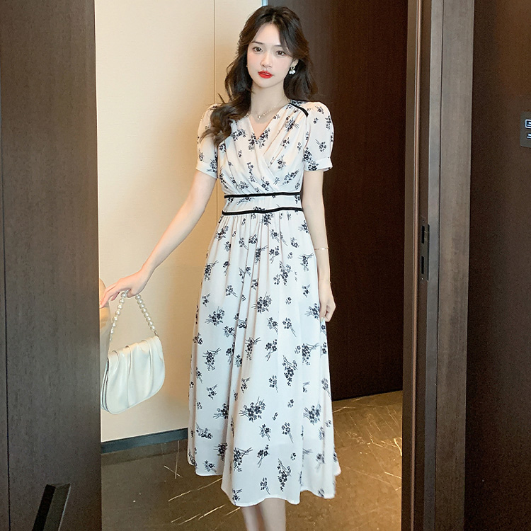 シフォン☆ワンピース ロング Vネック ノースリ ウエストマーク 花柄 ワンピース シフォン ウエストマーク Aライン ロングワンピ