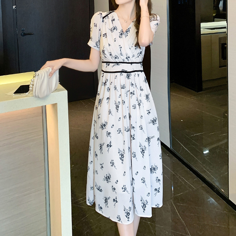 花柄 ワンピース シフォン ウエストマーク Aライン ロングワンピ
