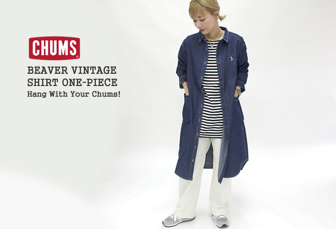 CHUMS ホワイト シャツワンピース Heavy Weight CHUMS Logo Dress/ヘビーウェイトチャムスロゴ