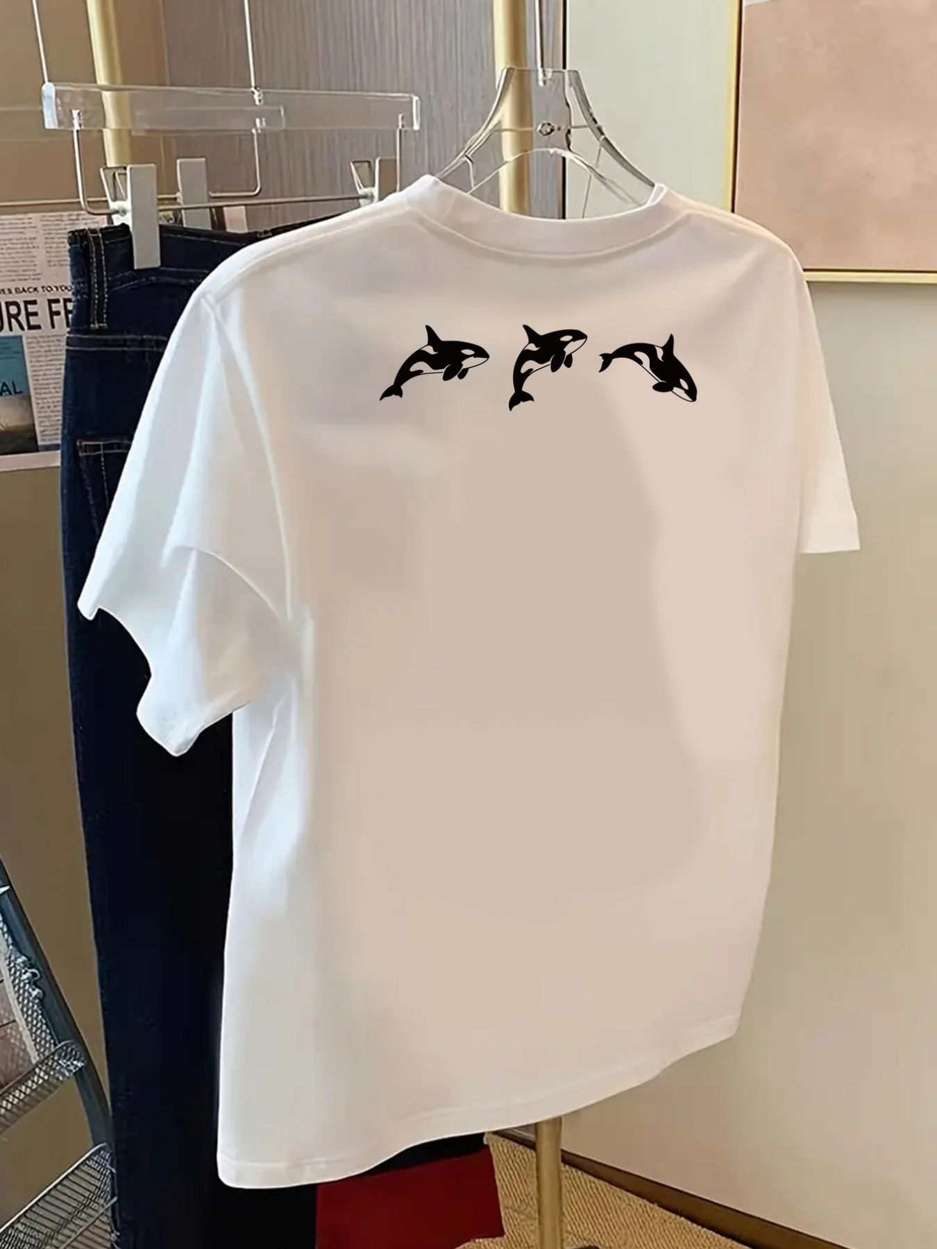 レディース 両面プリント半袖 T シャツ シャチクジラ柄 クルーネック