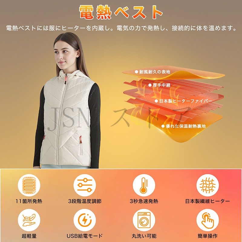電熱ベスト レディース 11箇所発熱 10000mAh/20000mAhバッテリー選択