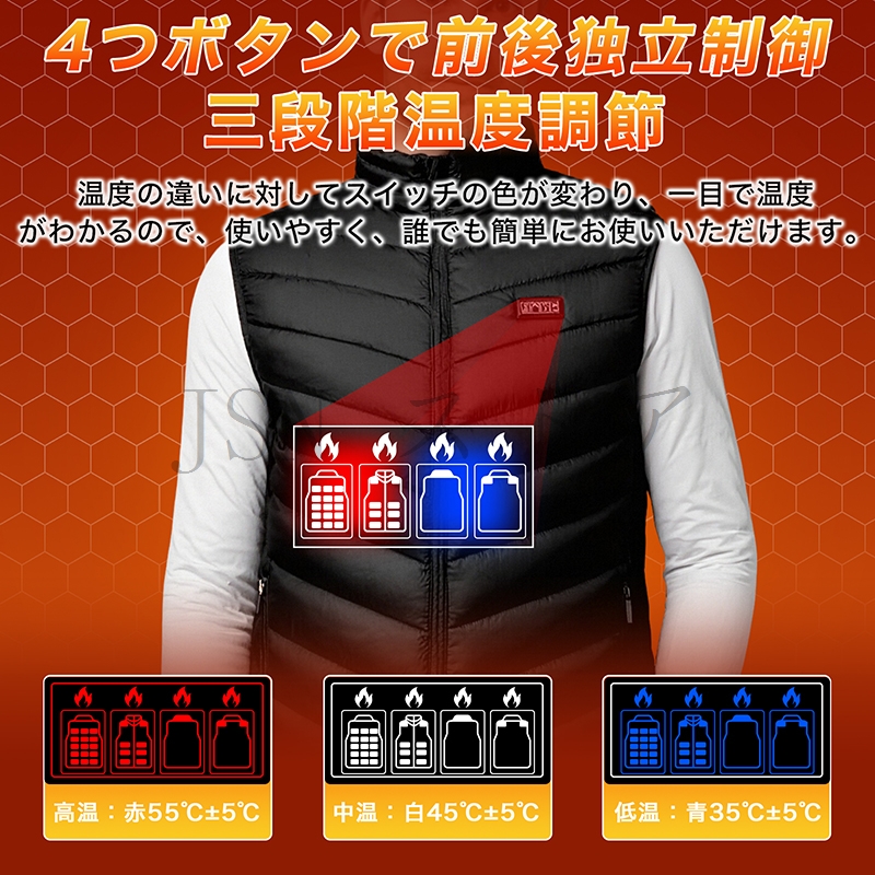 電熱ベスト【26箇所発熱 4つスイッチで前後独立温度制御】10000mAh