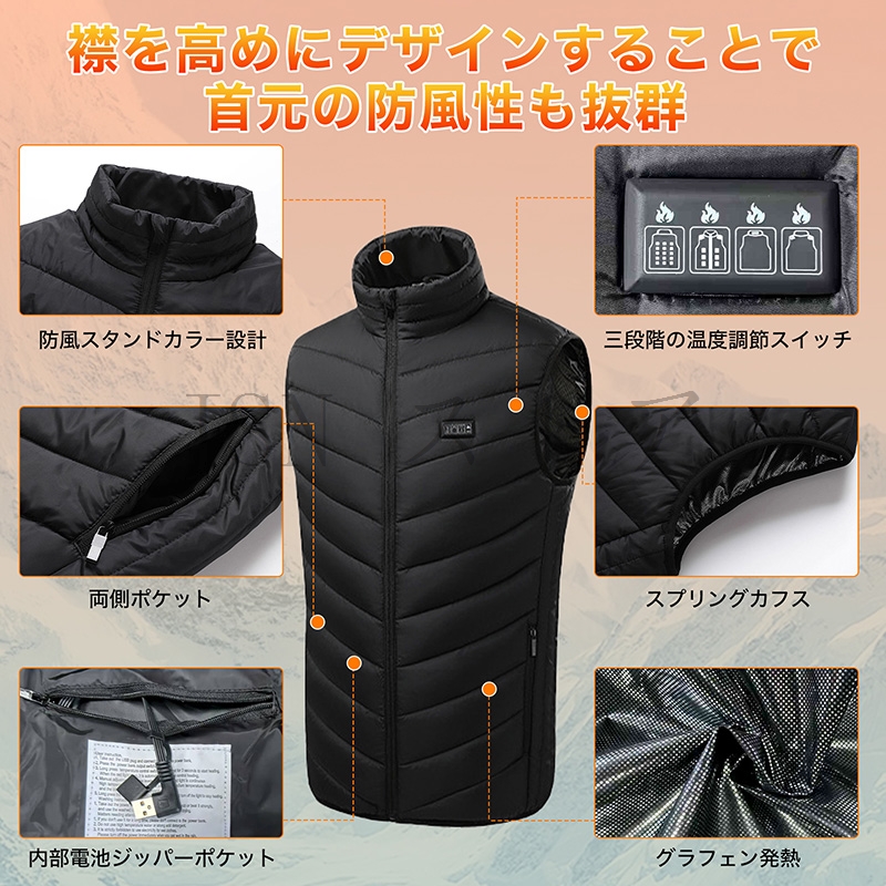 電熱ベスト【26箇所発熱 4つスイッチで前後独立温度制御】10000mAh