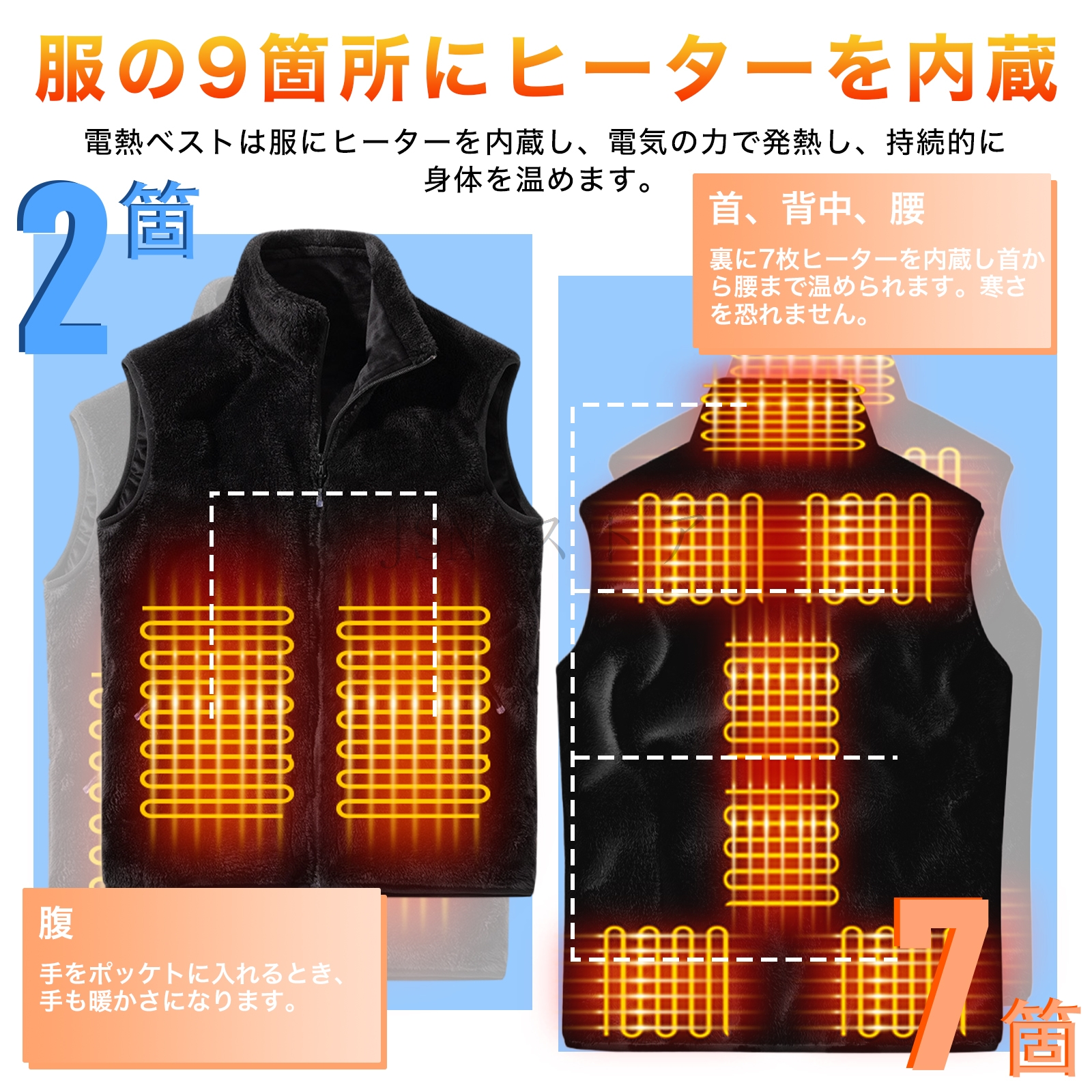 ボアフリース 電熱ベスト【2箇所独立隠しスイッチ】9箇所発熱 バッテリー選択可能 前後独立温度制御 3段階温度調節 ヒートベスト ヒーター付きベスト 男女兼用 関連画像3
