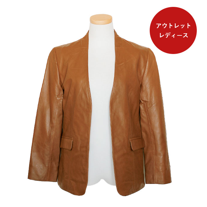 本革 ノーカラー テーラードジャケット レディース Sサイズ コニャック アウトレット 訳あり 交換・返品不可 OL19 | 