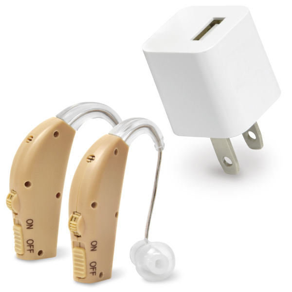 （販売終了致しました）集音器 2個セット USB充電式 福耳 アイ + USB AC 白 セット  耳かけ式 補聴器形状タイプ FUKUMIMI Ai 大中小3種のイヤーピース |  | 01