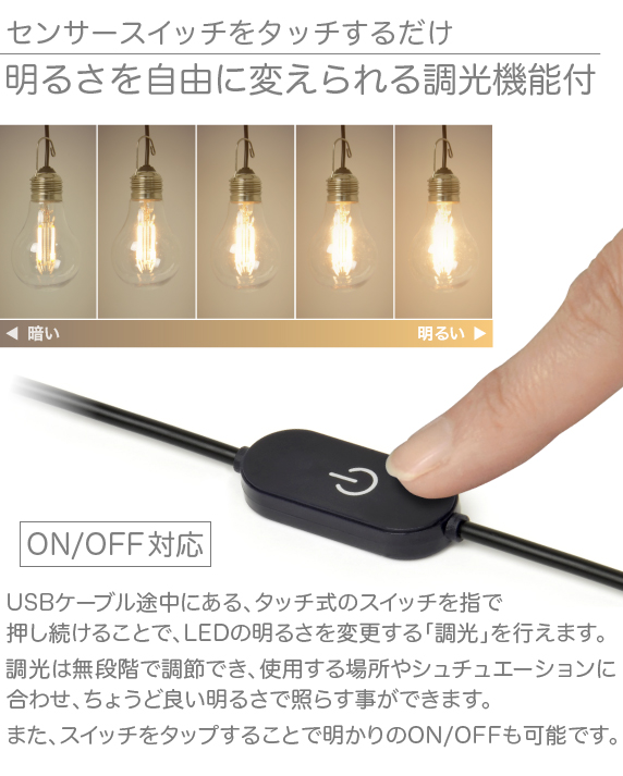 USB 電球 LED ライト レトロ フィラメント型 調光機能付 KirameQ -きらめく-（電球色 3000K） エジソン電球 アウトドア  ランタン トーチ キャンプ 照明 震災