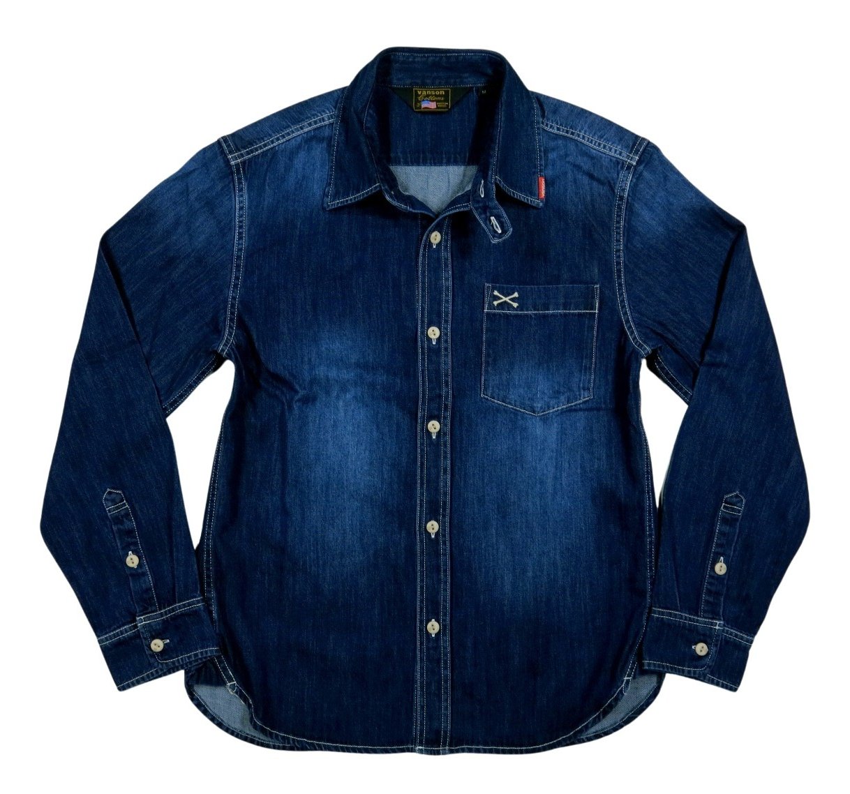 VANSON（バンソン） クロスボーン刺繍 長袖 無地 デニム ワークシャツ