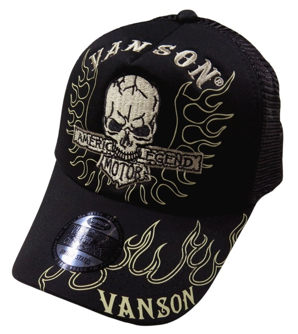 VANSON バンソン スカル フレイム刺繍 ツイル地 メッシュキャップ NVCP-2301