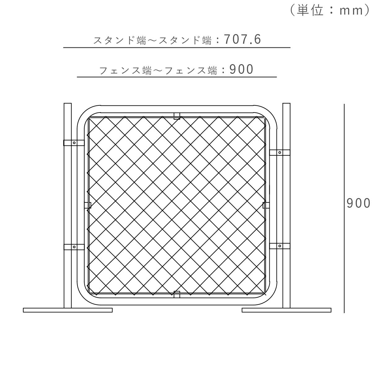 フェンスを設置した際の寸法図。スタンドの端からスタンドの端まで1007.6mm。高さ約900mm。