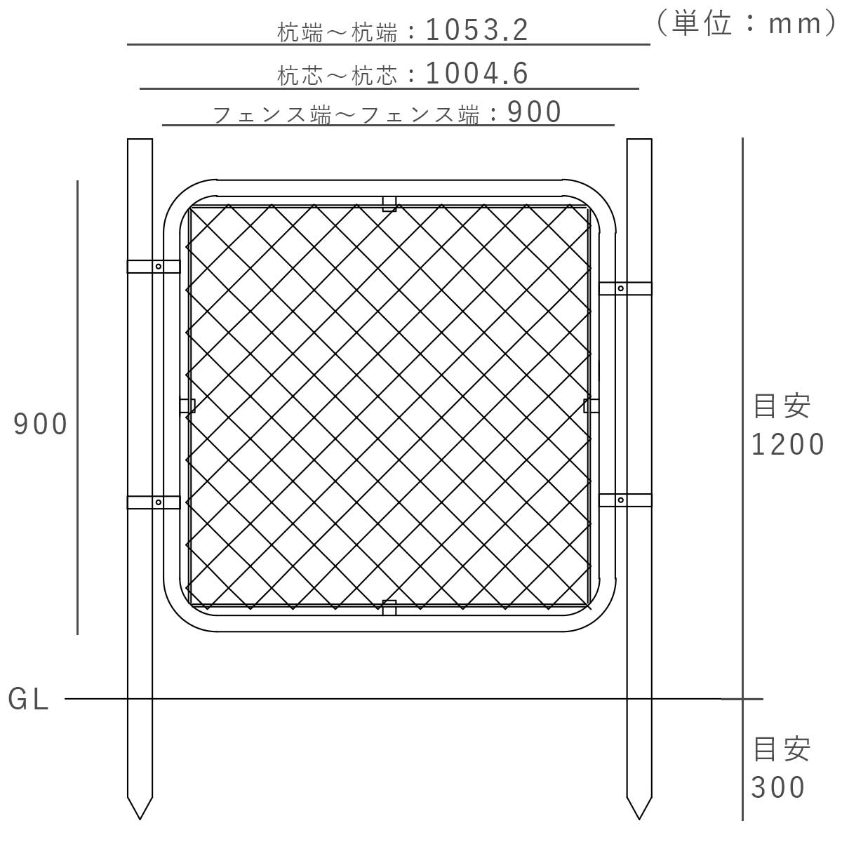 フェンスを設置した際の寸法図。杭の端から杭の端まで1053.2mm。杭芯から杭芯まで1004.6mm。フェンスの端から端まで900mm。杭の地面からの高さ約1200mm。杭を地中に埋め込む深さ300mm。