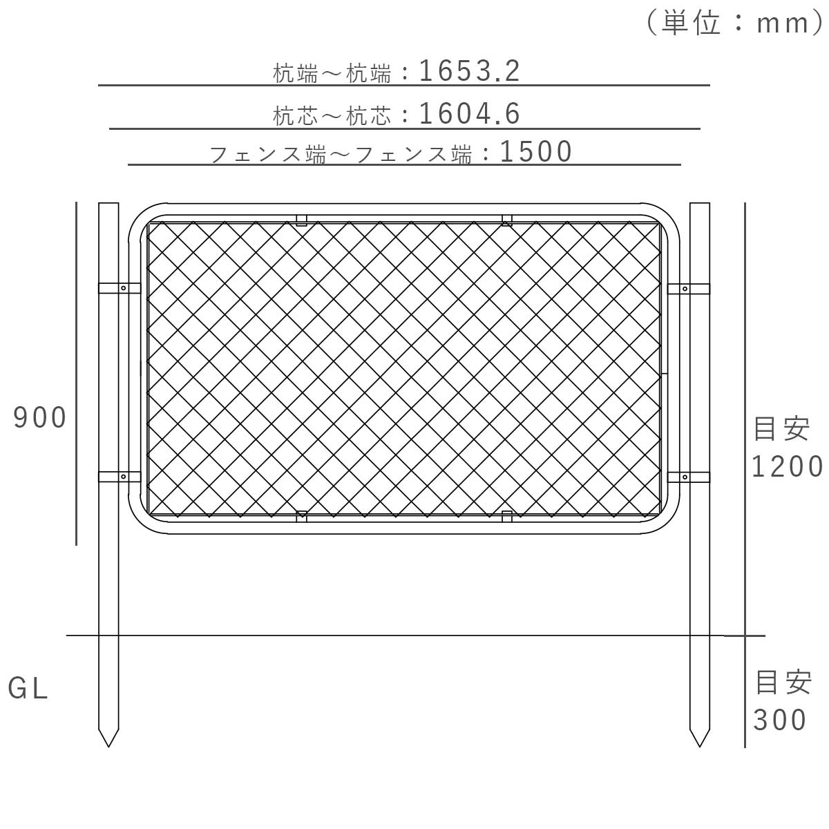 フェンスを横使いで設置した際の寸法図。杭の端から杭の端まで1653.2mm。杭芯から杭芯まで1604.6mm。フェンスの端から端まで1500mm。杭の地面からの高さ約1200mm。杭を地中に埋め込む深さ300mm。