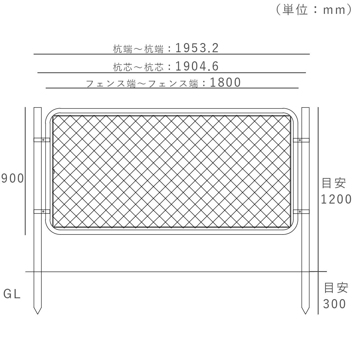 フェンスを横使いで設置した際の寸法図。杭の端から杭の端まで1953.2mm。杭芯から杭芯まで1904.6mm。フェンスの端から端まで1800mm。杭の地面からの高さ約1200mm。杭を地中に埋め込む深さ300mm。