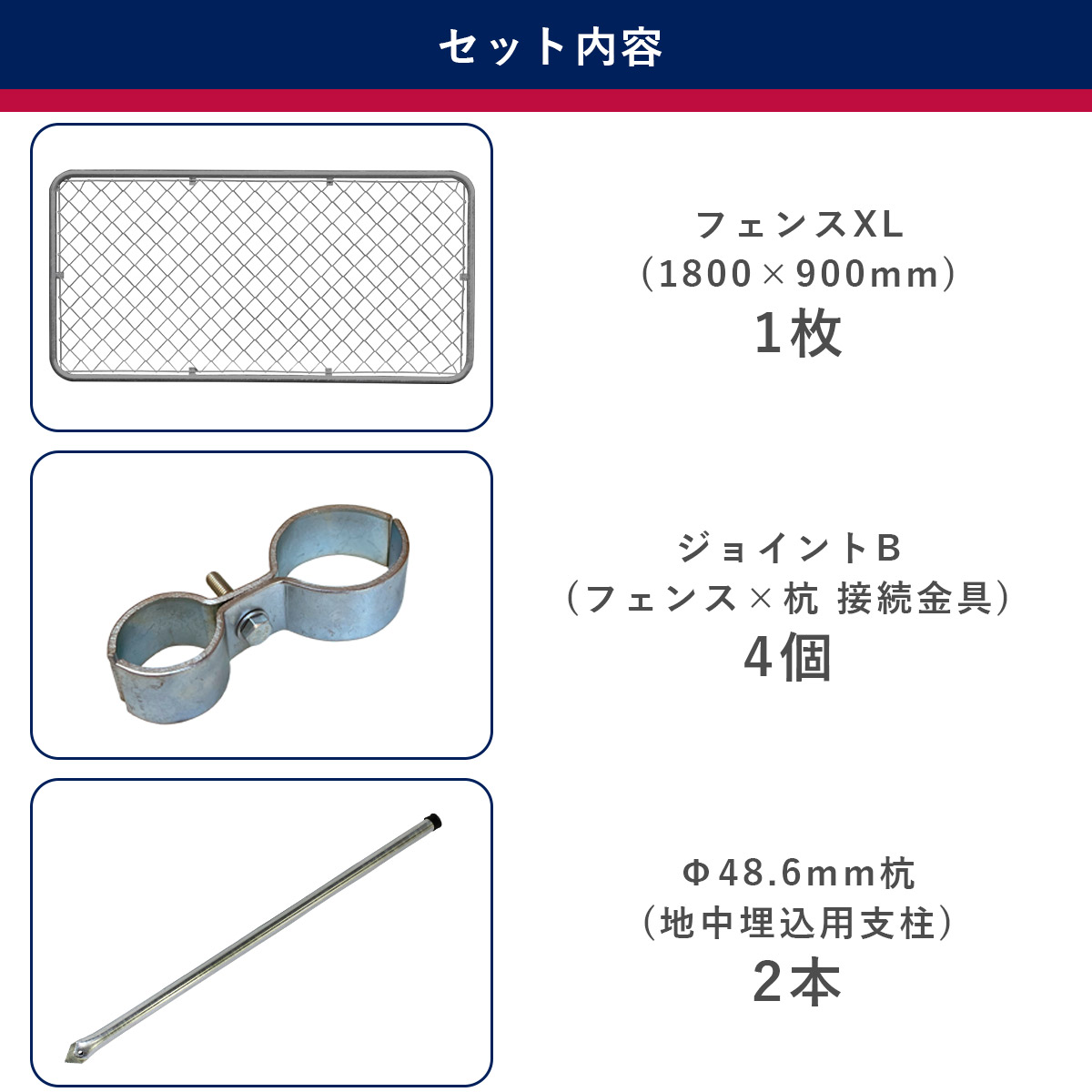 この商品のセット内容の説明。1800×900mmのフェンス1枚、直径48.6mmの杭2本、フェンスと杭を接続する金具4個。