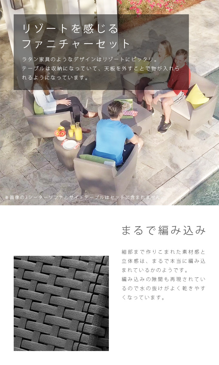ガーデンチェア ラタン調「4点セット 収納付きガーデンテーブル