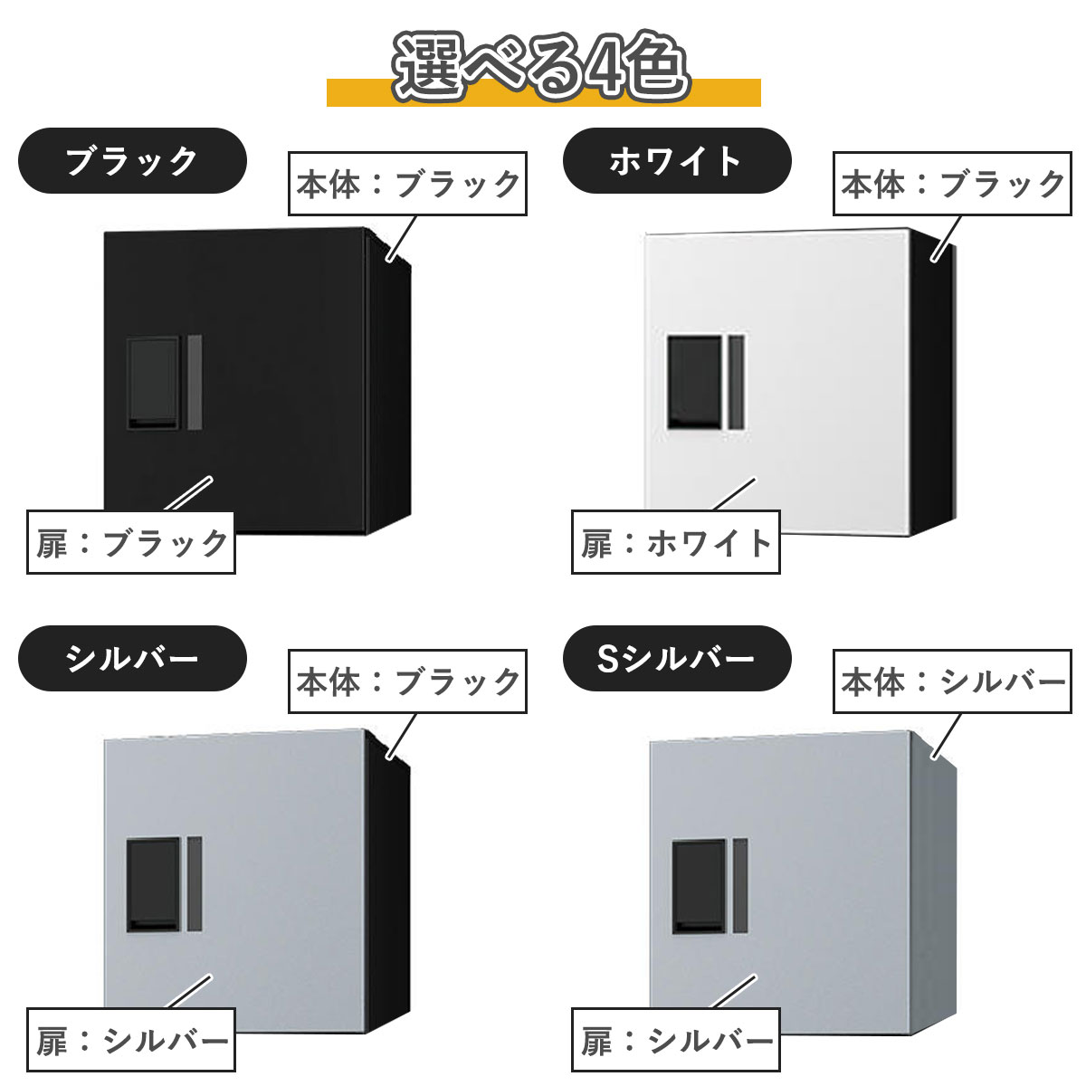 選べる4色。ブラック（扉ブラック×本体ブラック）。シルバー（扉シルバー×本体ブラック）。Sシルバー（扉シルバー×本体シルバー）。ホワイト（扉ホワイト×本体ブラック）