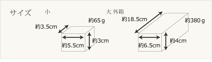 商品サイズ 小 約3.5cm×約5.5cm×約3cm 65g 大 外箱 約6.5cm×約18.5cm×約4cm 380g