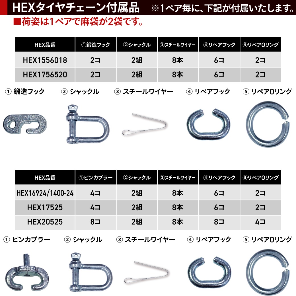 建設機械用タイヤチェーン|HEX20525|合金鋼亀甲型締め付けテンションチェーン付き|1ペア(タイヤ2本分)|除雪車両用 タイヤショベル ホイールローダー｜juko-in｜04