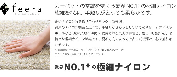 feera(フィーラ)は業界ナンバーワンの極細ナイロン。カーペットの常識を変える手触りと丈夫さを兼ね備えました。