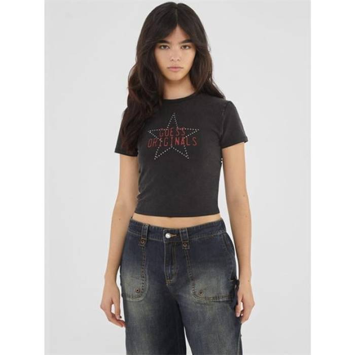 ゲス Guess 【 Front Print And Studs T-Shirt Women 】 ファッション レディースファッション トップス Tシャツ カットソー