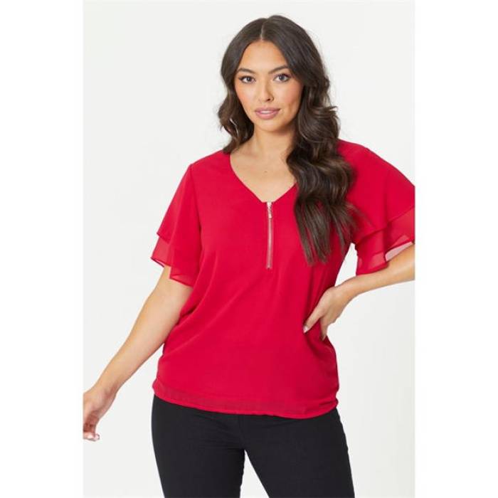 Be You 【 Flutter Sleeve Zip Chiffon Top Women 】 ファッション レディースファッション トップス Tシャツ カットソー レ