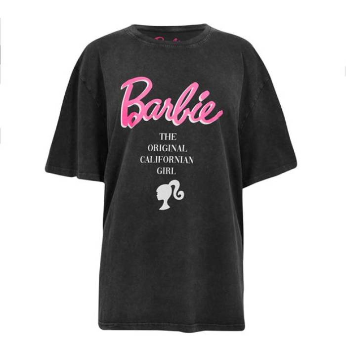 Character 【 Barbie Back Graphic Acid Wash T-Shirt Charcoal Women 】 レディース