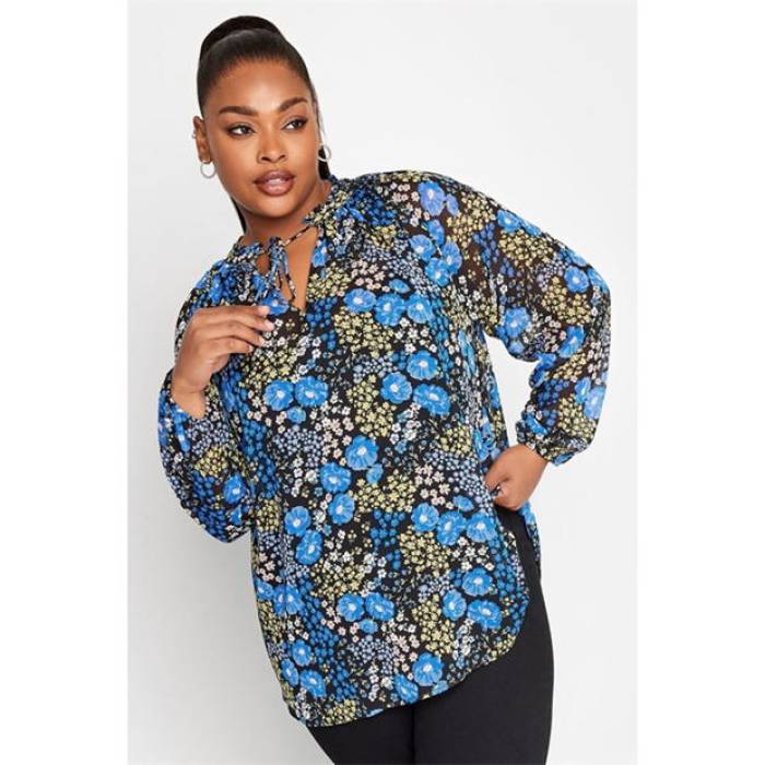 ユアーズ Yours 【 Curve Tie Neck Pretty Floral Chiffon Top Blue Men 】 メンズ