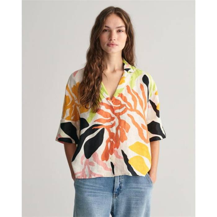 ガント Gant 【 Relaxed Fit Palm Print Linen Short Sleeve Shirt Women 】 レディース