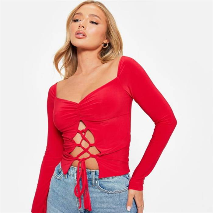 I Saw It First 【 Lace Up Ruched Bust Double Layered Crop Top Women 】 レディース
