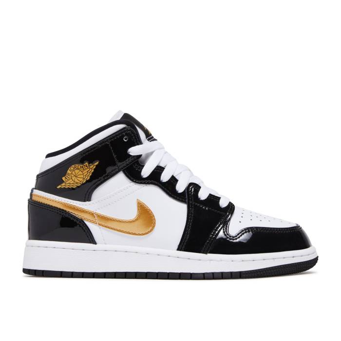 iCL@GAW[_ Air Jordan y Jordan 1 Mid Patent Se Gs 'Black Gold' Youth z WjA LbY