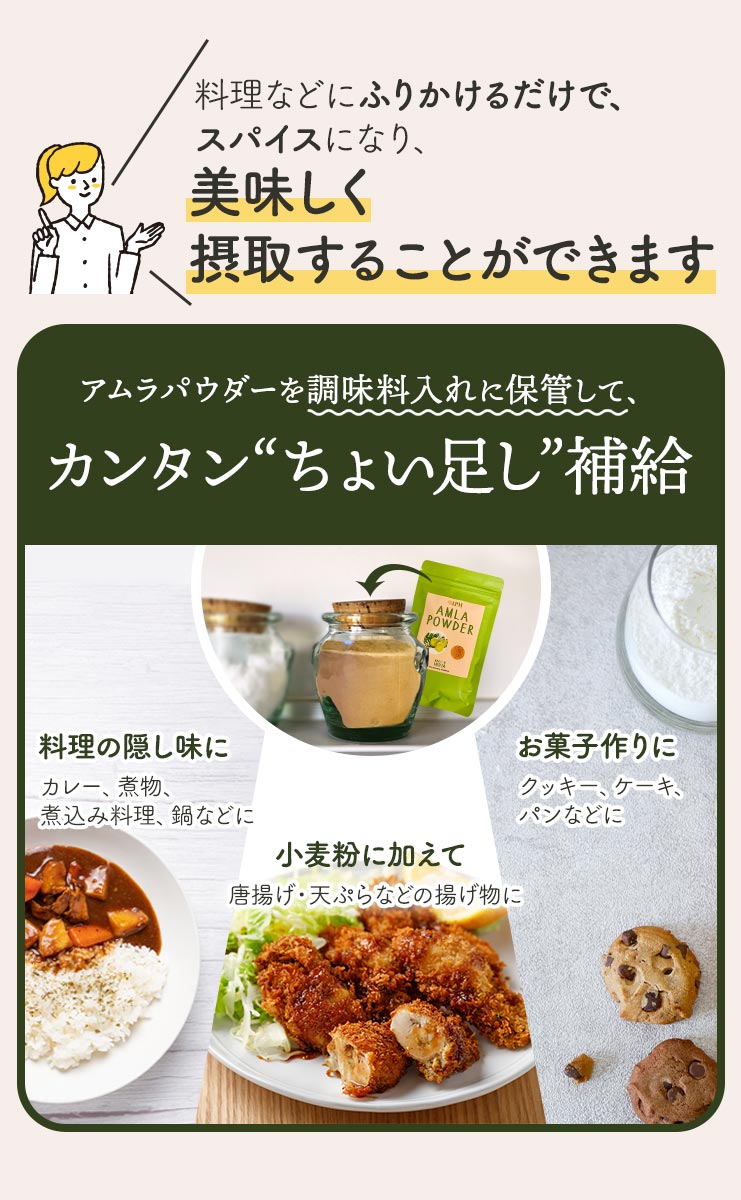 アムラパウダーを料理などにふりかけるだけでスパイスに