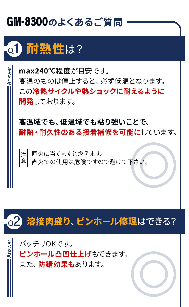 Q1耐熱性は？ Q2溶接肉盛り、ピンホール修理はできる？