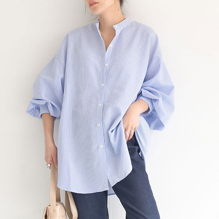 ストライプ柄 シャツ レディース トップス 春 ストライプシャツ ぽわん袖 ボリューム袖 長袖 ブルー グリーン ピンク ベージュ バンドカラー 細 ストライプ Ev Stp090 Jungle Jungle 通販 Yahoo ショッピング
