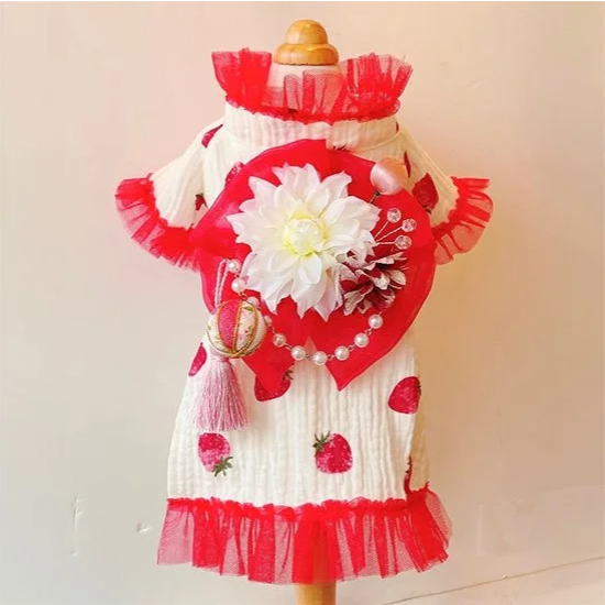 ピンクローズ Lulu doll  ルルドール　6着 犬服　タグ付き新品 ルルドール】いちごのふわふわガーゼ浴衣 3S-Mサイズ ドッグウェア 犬