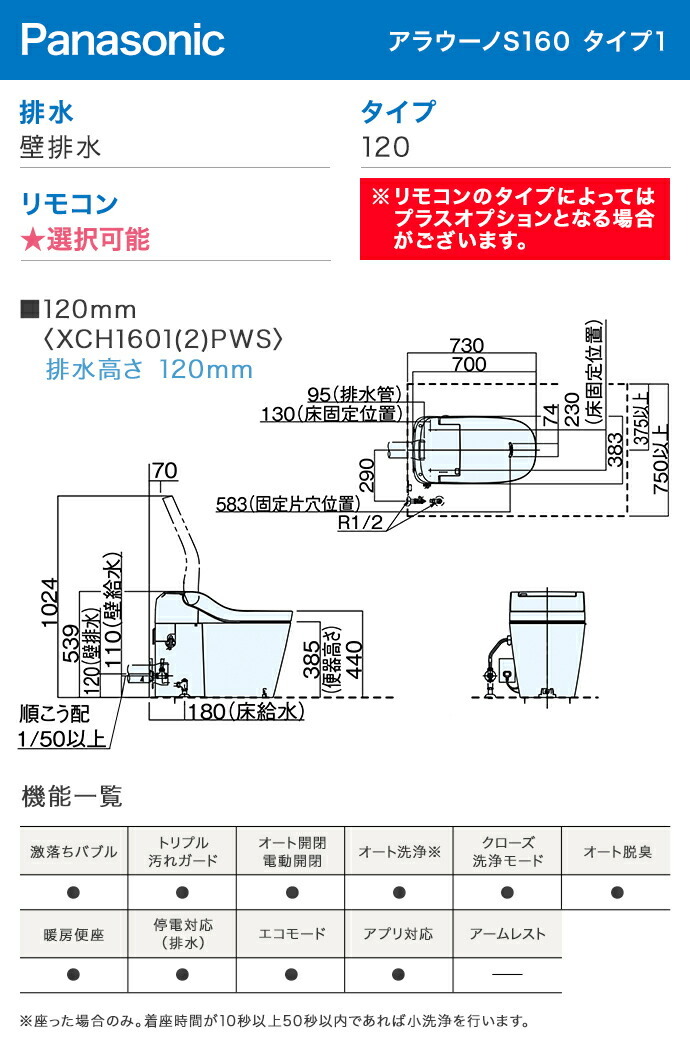 アラウーノ S160 タイプ1 XCH1601PW□ 壁排水 120タイプ タンクレス 