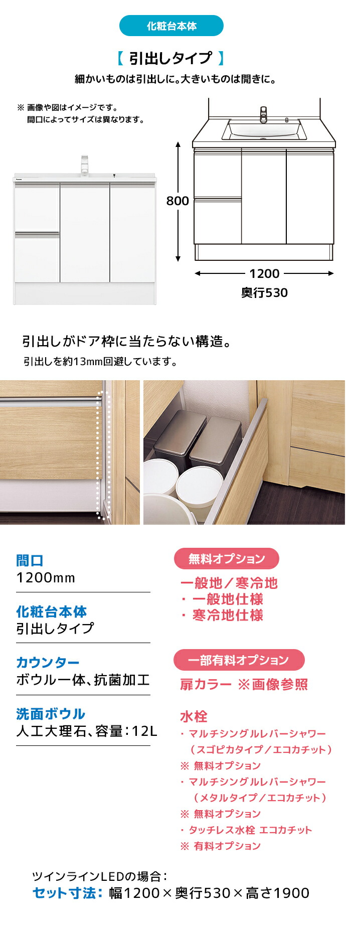 【中古】パナソニック 洗面化粧台 収納キャビネット シーライン 間口1200 高さ1900 3面鏡 中間ミラー C-Line Panasonic Panasonic（パナソニック） 洗面台 シーライン 奥行530タイプ 1200幅