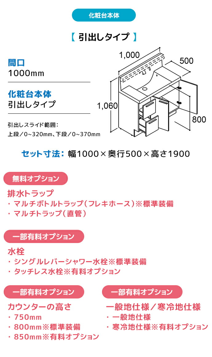 LIXIL 洗面台 クレヴィ 奥行500 1000幅 引出しタイプ 3面鏡