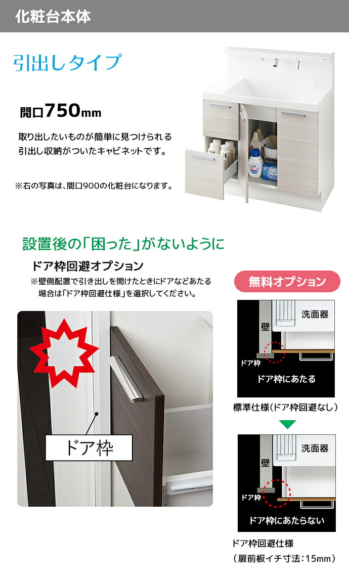 LIXIL 洗面台 クレヴィ 奥行500 750幅 引き出しタイプ 3面鏡 スリムLEDくもり止めコート付き RBH-755▲Y△-A★□◆/● MRB-753T○JU 高さ1900mmの画像