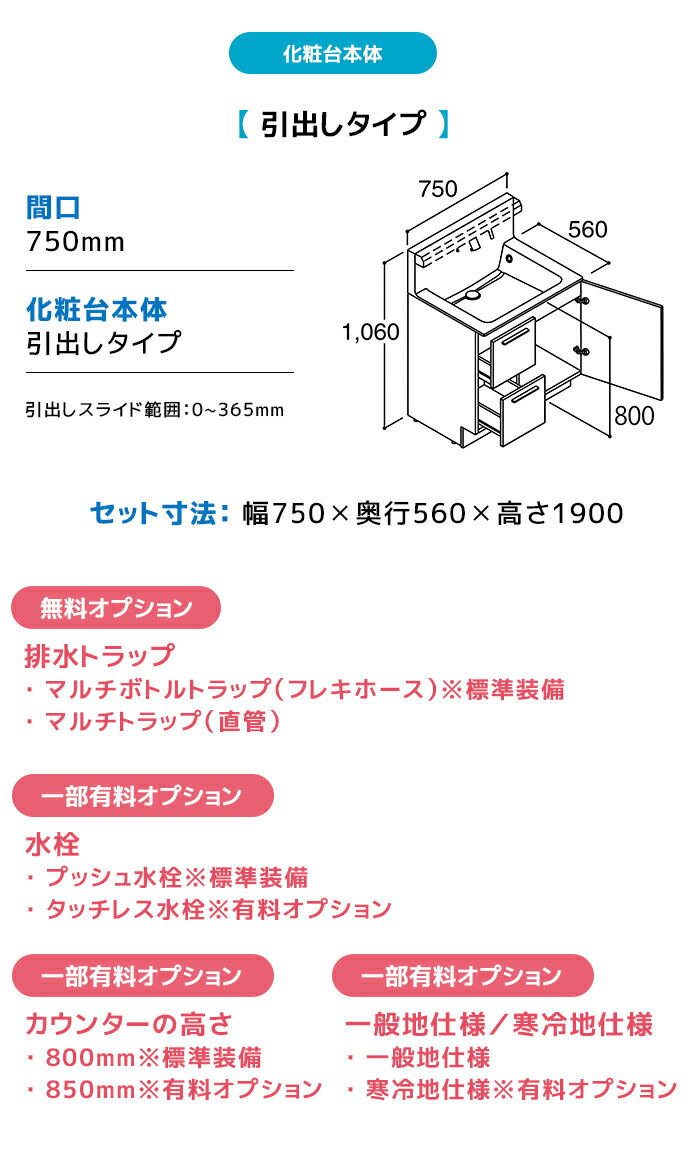 LIXIL 洗面台 クレヴィ 奥行560 750幅 引出しタイプ 3面鏡 スリムLEDくもり止めコート付き RAH-755▲Y△-A★□◆/● MRA-753T○JU 高さ1900mmの画像