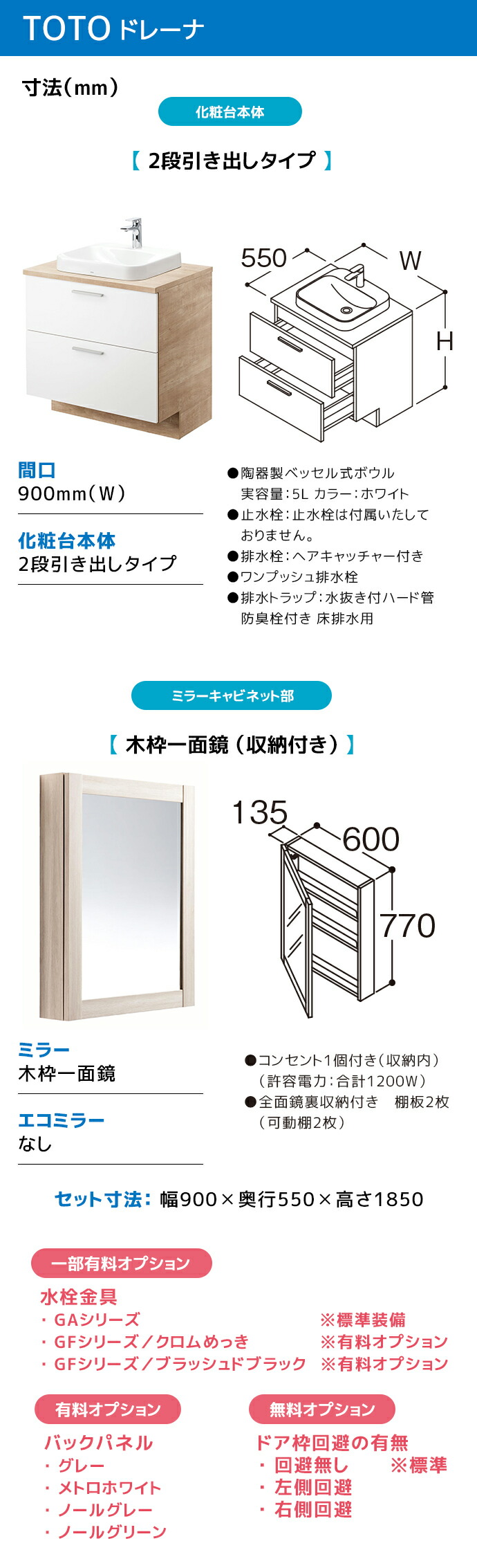 ドレーナ TOTO 洗面台 900幅 2段引き出しタイプ 木枠一面鏡 陶器製