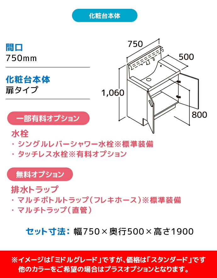 LIXIL（リクシル） 洗面台 EV 奥行500 750幅 扉タイプ 3面鏡