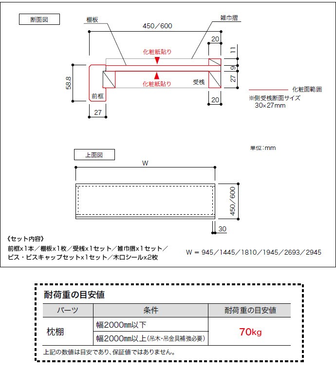 南海プライウッド 収納材 枕棚セット レギュラーシリーズ シルキーホワイト 奥行450×幅1810 (MSW6241N) 06738007