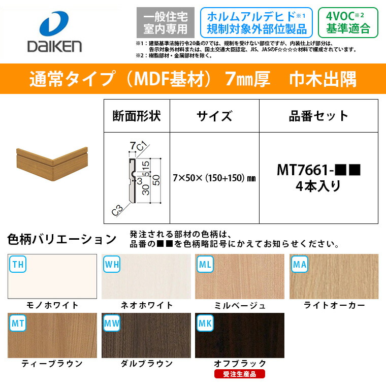 大建工業 システム造作部材 巾木出隅 MT7661 ハピアベイシス 巾木溝付 7mm厚タイプ 巾木出隅 出隅用 シート部材 4本入り DAIKEN  ダイケン hapia basis :mt7661:じゅうせつひるず.com - 通販 - Yahoo!ショッピング