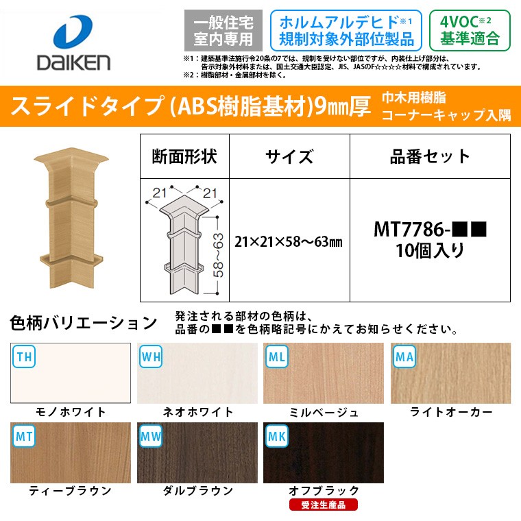 大建工業 システム造作部材 樹脂コーナーキャップ MT7786 ハピアベイシス 巾木 巾木用 入隅 入隅用 スライド巾木 樹脂部材 10個入り  :mt7786:じゅうせつひるず.com - 通販 - Yahoo!ショッピング