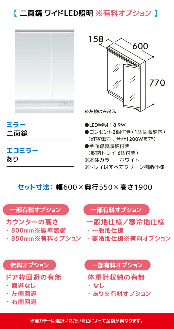 TOTO 洗面台 オクターブライト600幅 2段引き出しタイプ エコミラーあり 1面鏡 2面鏡 LDSFS060△Q◆□▲1● LMFS060A■C1G 高さ1900mmの画像